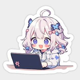 Kawaii Anime girl using laptop Sticker